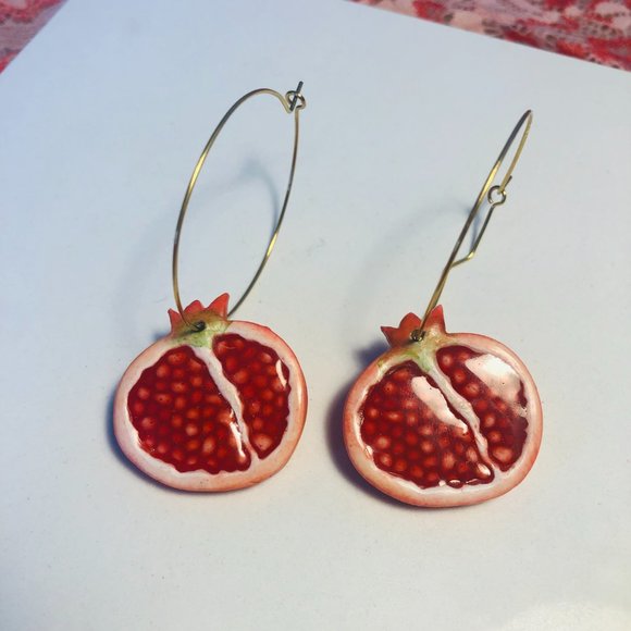 Red Pomegranate Hoop Earrings with Gold Hoops (Made with Polymer Clay & Resin) - Picture 8 of 12